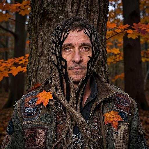 Photograph of a middle-aged man with brown dreadlocks, wearing a patterned jacket, standing in a forest with autumn leaves, tree bark in the