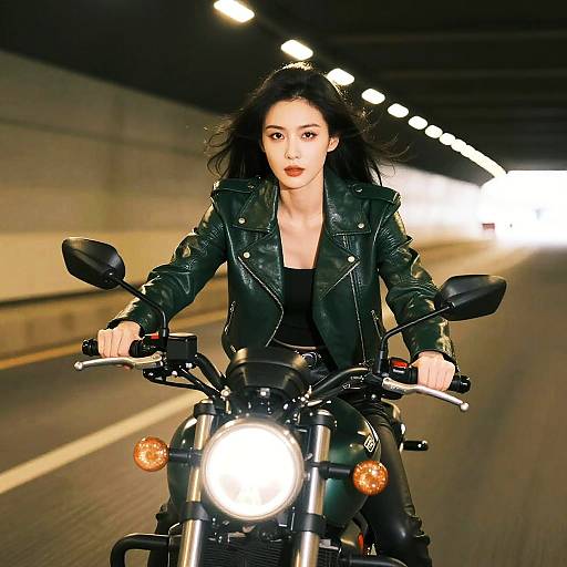 Photograph of a young woman with fair skin and black hair, wearing a green leather jacket and black top, riding a motorcycle with a bright headlight