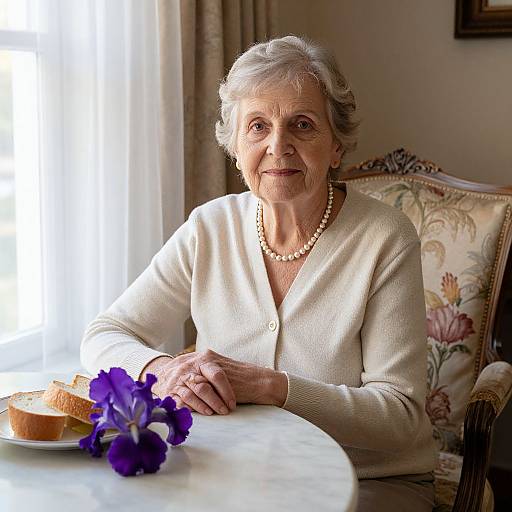 Elderly Woman by Window with Flowers