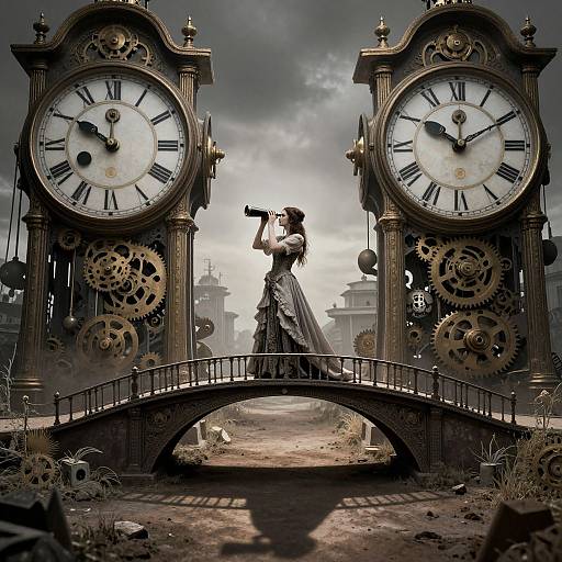Steampunk illustration: Silhouetted woman in Victorian dress gazes through telescope between two large, gear-adorned clock towers on arched