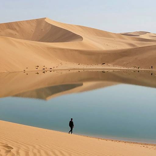 Photograph of a lone person in black standing near a calm, reflective water oasis in expansive, golden desert sand dunes.
