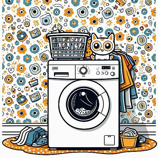 Cheerful Cartoon Washing Machine in Retro Laundry Room