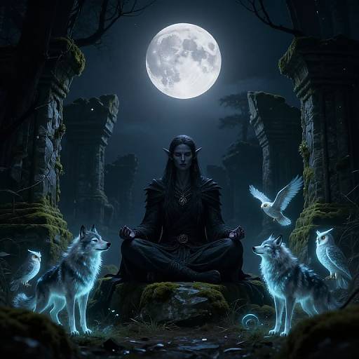 Dark Elf Druid Under Full Moon