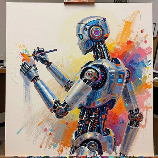 Vibrant digital painting of a metallic robot with colorful abstract splashes in the background, holding a brush in its right hand.