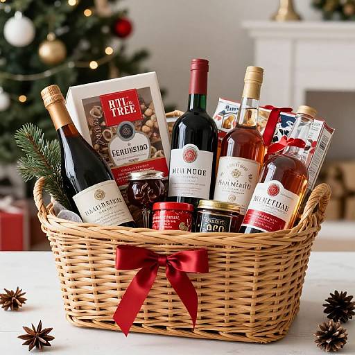 Photograph of a wicker basket with various wine bottles and gourmet items, adorned with a red ribbon, in a festive, Christmas-decorated room