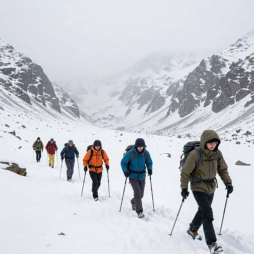 Friends Hiking Snowy Mountain Pass