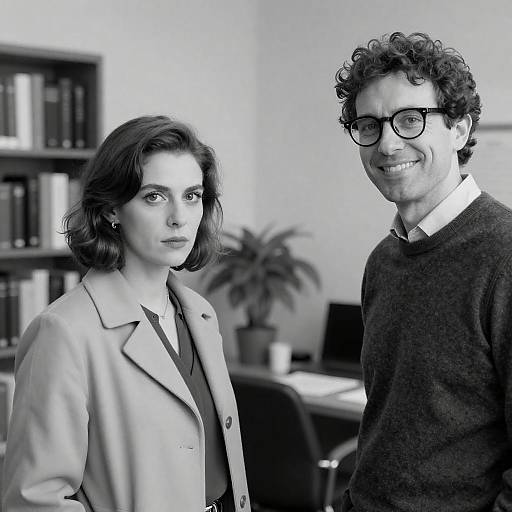 Black-and-white photograph of a curly-haired man with glasses and a sweater, smiling next to a woman with short wavy hair, wearing a coat,