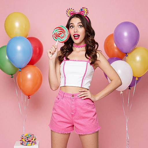 Photograph of a young woman with long brown hair, wearing a white crop top, pink shorts, candy-themed headband, and pink choker,