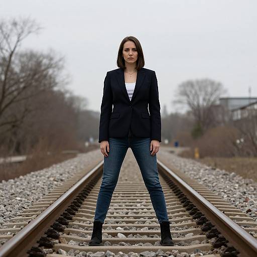 Photograph of a confident woman with shoulder-length brown hair, wearing a black blazer, white shirt, blue jeans, and black boots, standing on