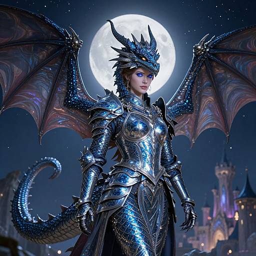 CGI fantasy image of a female dragon warrior with blue metallic armor, wings, and headpiece, standing under a full moon, with a castle in