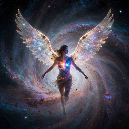 Digital artwork of a silhouetted angelic figure with glowing wings, floating through a swirling galaxy with vibrant colors and star-like lights.