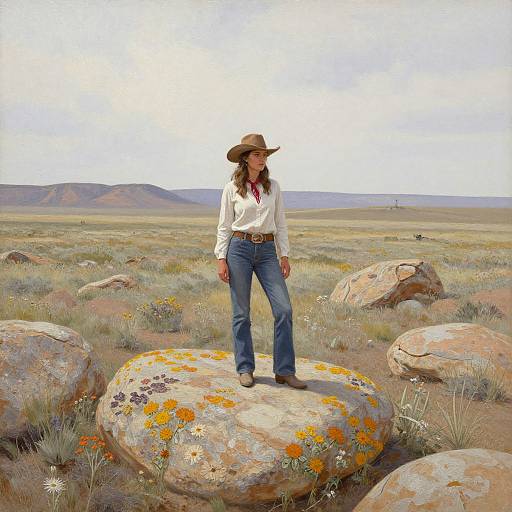Photograph of a woman with long brown hair, white shirt, blue jeans, and brown hat standing on a large, flower-covered rock in a desert