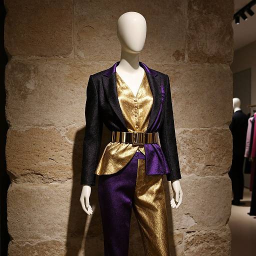 Photograph of a faceless mannequin in a black blazer with gold and purple textured pants, belted at the waist, displayed against a