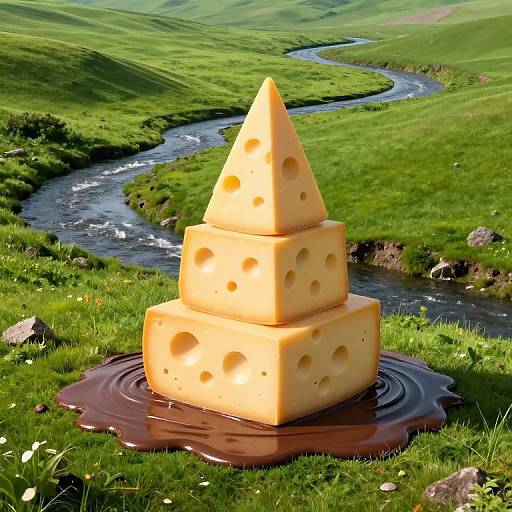 Photograph of a three-tiered stack of Swiss cheese with holes, on a brown wooden plate, in a lush green meadow with a winding river
