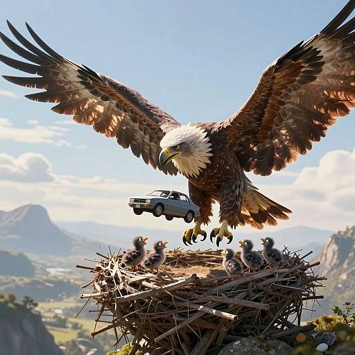 Photograph of a majestic bald eagle with outstretched wings, hovering over a nest with chicks, while a jeep drives below. Mountainous landscape in