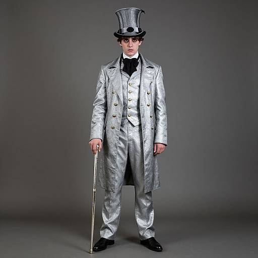 Photograph of a young man in a silver, Victorian-style top hat and coat, holding a cane, standing against a gray background.