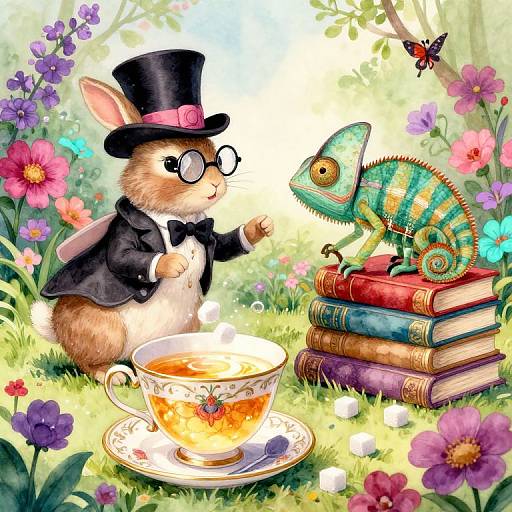 Whimsical digital illustration of a rabbit in a black tuxedo with top hat and glasses, tea cupping, interacting with a chameleon on