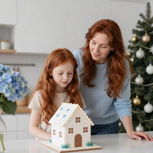 Mother and Daughter with Red Hair Admiring Festive Cake
