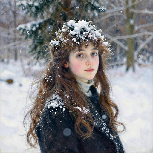 Photograph of a young woman with long brown hair, snowflakes on her head, wearing a black coat, standing in a snowy forest.
