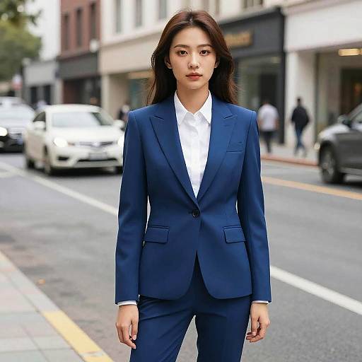 Businesswoman in Blue Suit on City Street