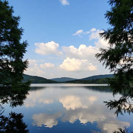 Photograph of a serene lake with clear blue sky, fluffy white clouds, and reflected scenery, framed by dark green pine trees.