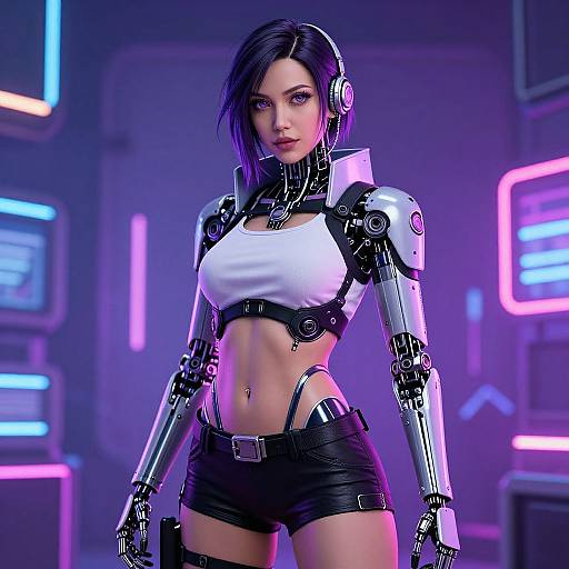 Cyberpunk-style digital art of a sexy, black-haired female android with white crop top and black leather shorts, glowing neon background.