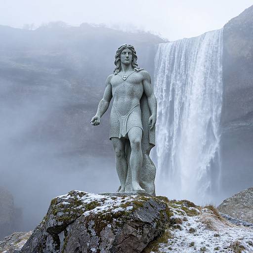 Photograph of a gray stone statue of a muscular, long-haired man standing on a mossy rock, with a misty waterfall cascading behind him