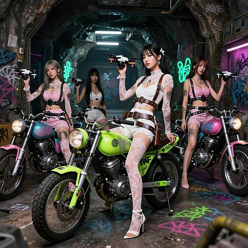 Digital art: Four Asian women in white lace lingerie and suspenders, holding guns, standing in a graffiti-covered, neon-lit, underground garage with