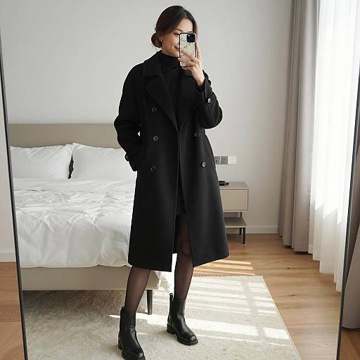 Woman in black coat taking mirror selfie