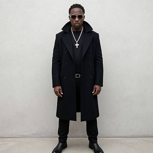 Photograph of a tall, dark-skinned man with short hair, wearing a black coat, black shirt, black pants, black boots, silver cross