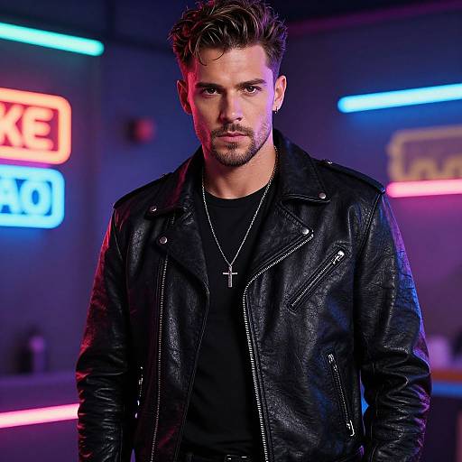 Confident Man in Neon Leather Jacket