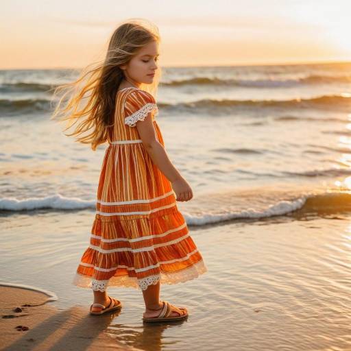 Toddler Girl in Striped Dress on Beach at Sunset