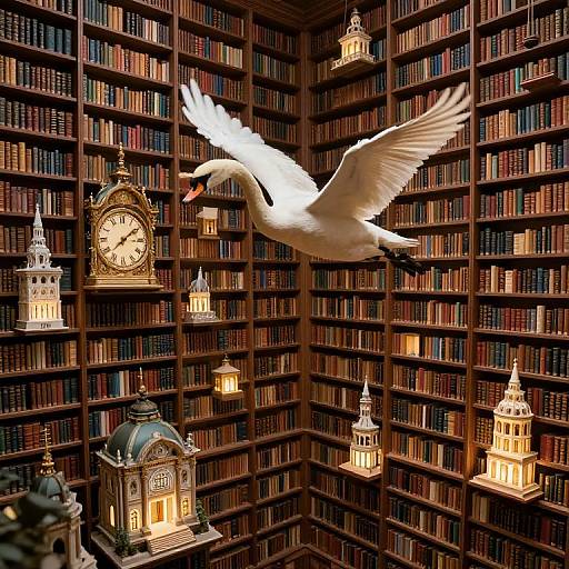 Photograph of a white swan with outstretched wings flying through a wooden library filled with books, clock, and ornate lamps.