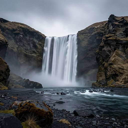 Photograph of a powerful waterfall cascading between dark, rugged cliffs into a misty, rocky stream, with overcast skies above.