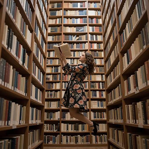 Photograph of a woman with curly hair, wearing a black floral dress and black boots, jumping between tall, wooden bookshelves filled with colorful books