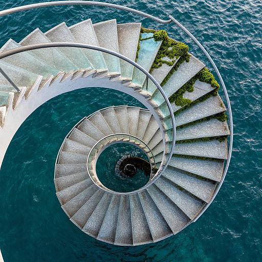 Overhead photo of a spiral stone staircase with moss-covered steps, descending into dark, rippling water. Modern, minimalistic design.