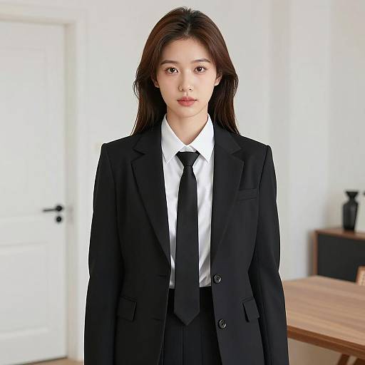 Asian Woman in Black Suit and Tie