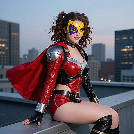 Cosplay photo of a woman in a red and black latex superhero costume with a yellow and purple mask, sitting on a rooftop at sunset, city skyline