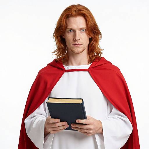 Photograph of a red-haired man with fair skin, wearing a white shirt and red cape, holding a black book against a white background.