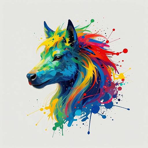Vibrant watercolor painting of a wolf's head featuring bold splashes of blue, green, yellow, red, and orange, with splattered