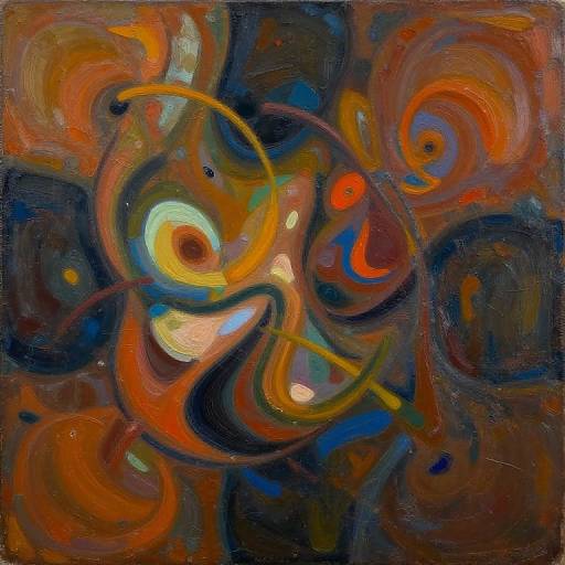 Abstract oil painting with swirling, vibrant colors (oranges, blues, yellows) forming a central, face-like pattern amidst dark, textured background.