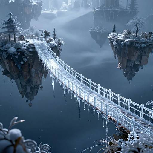 Fantasy CGI image of a glowing, icy suspension bridge connecting two snow-covered, floating islands in a foggy, moonlit forest.