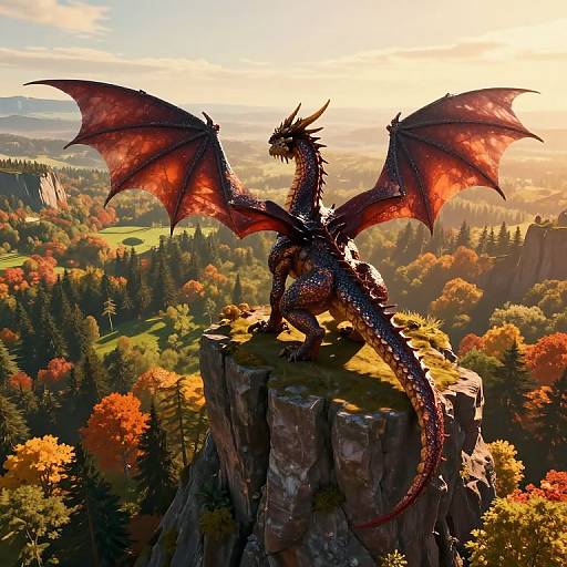 Photorealistic digital artwork of a red, dragon with large, glowing wings standing on a rocky cliff, overlooking a vibrant, autumn forest landscape at sunset
