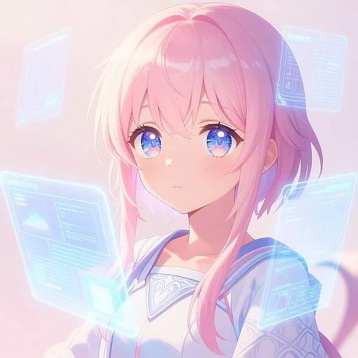 Digital anime-style illustration of a pink-haired girl with large, sparkling blue eyes, wearing a white sailor uniform, against a glowing blue and pink background.