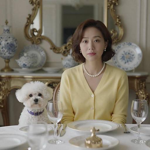 Elegant Dining Portrait with Woman and Dog