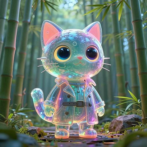 Digital art of a glowing, iridescent, cartoon cat in a transparent coat standing in a lush bamboo forest with vibrant, colorful reflections.