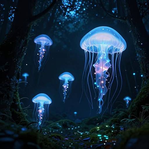 Digital artwork of glowing blue jellyfish floating in a dark, underwater forest, surrounded by bioluminescent dots and soft greenery.