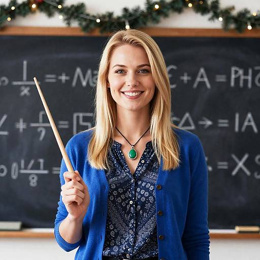 Smiling Blonde Teacher with Christmas Decor