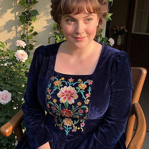 Photograph of a fair-skinned woman with short brown hair, wearing a navy velvet dress with colorful floral embroidery, sitting outdoors in a sunlit garden