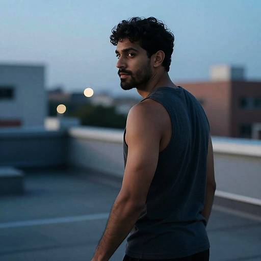 Athletic Man on Urban Rooftop at Blue Hour